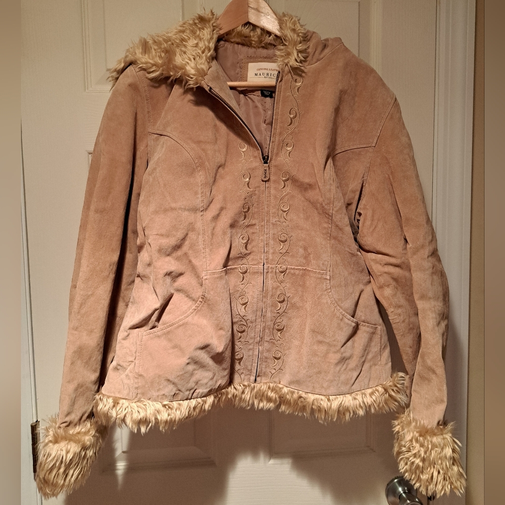 Maurices Genuine Leather Tan Teddy Jacket with Fur Trim